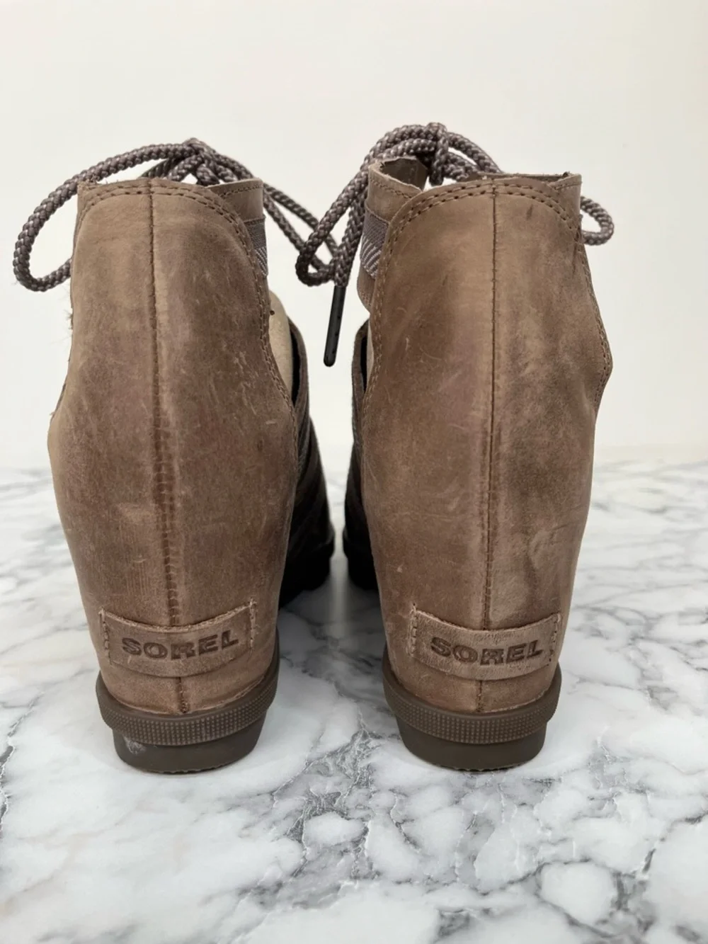 Sorel Joanie II Lace Up Wedge Leather Sandals In Ash Brown Taupe Tan Size 9